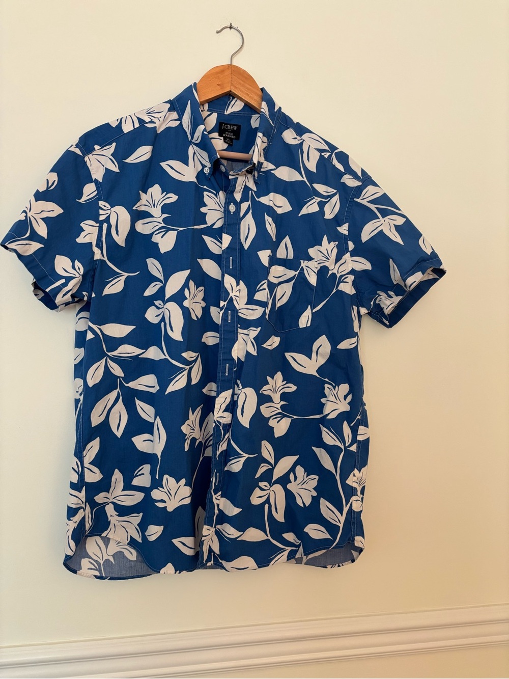 J. Crew Blue and White Floral Short-Sleeve Button-Down Shirt